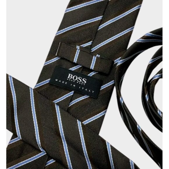 HUGO BOSS Men's 100% Silk Necktie LUXURY Brown Striped W:3" EUC - Picture 2 of 4